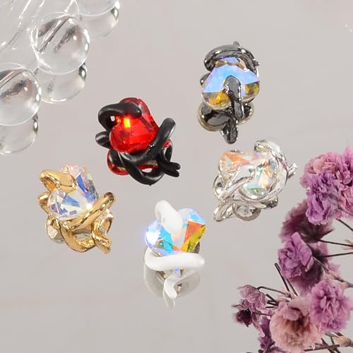 MEILINDS Gold Snake Nail Charms with Iridescent Heart Rhinestones 10PCS 3D Alloy Nail Gems for Acrylic Nails DIY Nail Art Decorations