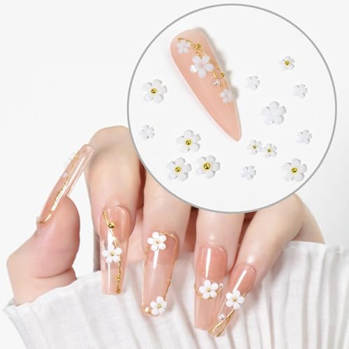 La Jolie Jasmin Pink and White Flower Nail Charms with Rhinestones, Pearls, and Caviar Beads for 3D Nail Art and DIY Crafts