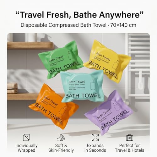 TUADAJI Disposable Compressed Bath Towels - 5 Pack, 140x70cm Travel Towels