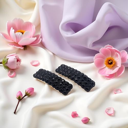 Black Rhinestone Snap Hair Clips 2Pcs Korean Rectangular Hair Barrettes