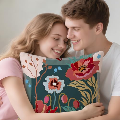 Poppy Floral Pillow Cover Red 18x18 - Bohemian Modern Art Style