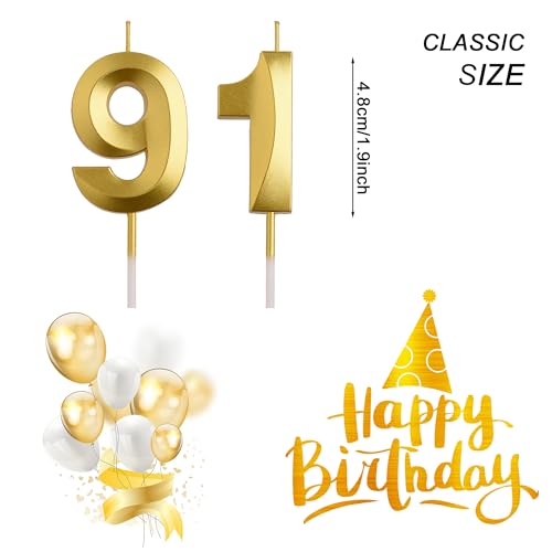 Gold Number 91 Birthday Candle - Elegant 3D Cake Topper Decor