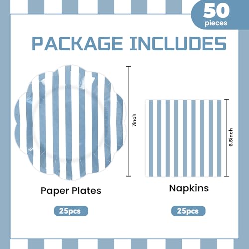 50pc Blue Striped Paper Plates and Napkins Set - Scalloped Party Tableware