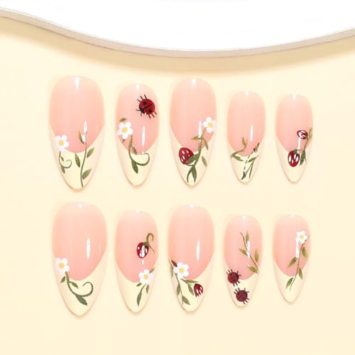 French Tip Press on Nails Medium Almond Fake Nails with Floral Design