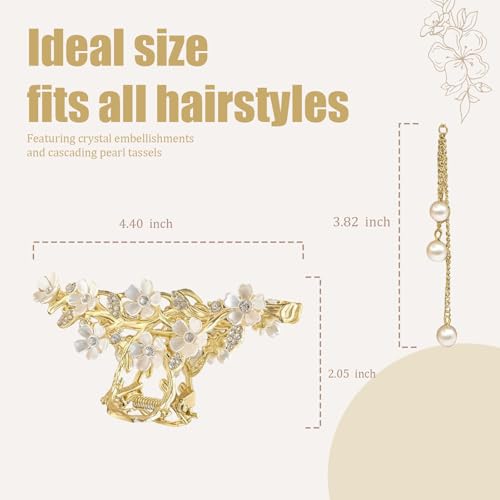 Gold Flower Hair Claw Clip with Pearl Tassel and Rhinestones for Thick Hair