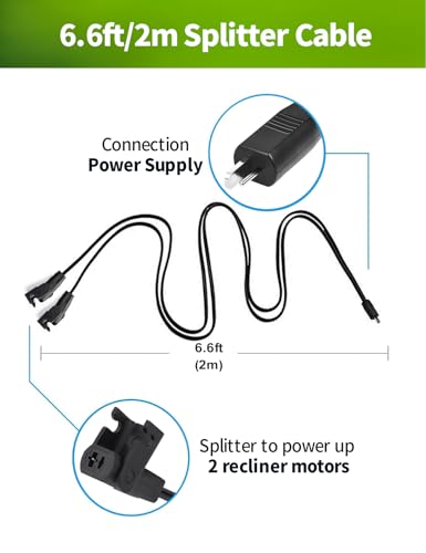 6.6 ft Recliner Power Splitter Cord - 2 Pin Extension Cable for Electric Chairs