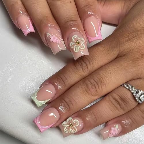 Pink French Tip Press on Nails Short Square False Nails with 3D Flower Design