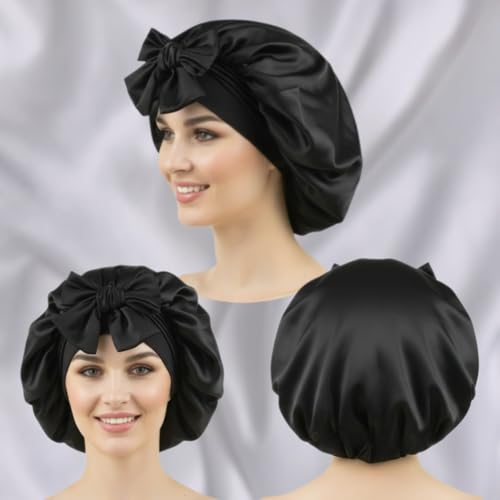 Cocosilk Black Satin Sleep Bonnet with Adjustable Tie Band for Curly Hair