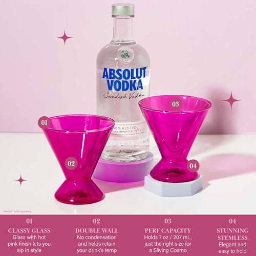 Paris Hilton 2-Piece Martini Glass Set, Double Wall Glass Design, Great for Martinis, Cocktails, Cosmopolitans, Margaritas, 7-Ounce, Hot Pink