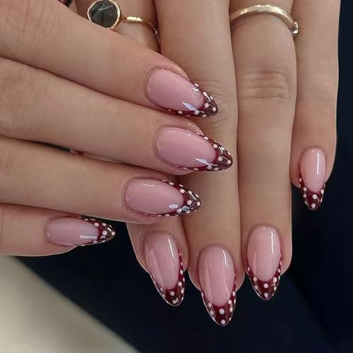 KSTBJN Medium Almond French Press on Nails White Polka Dot Fake Nails