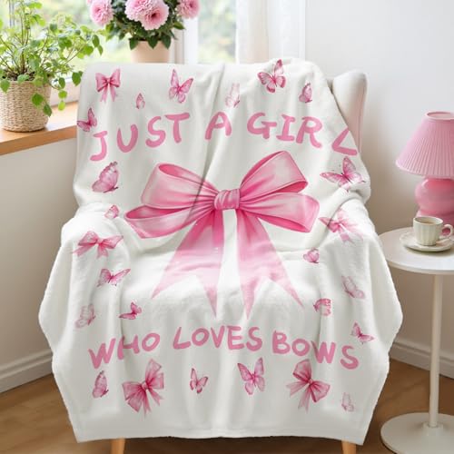 Pink Bow Throw Blanket 50x60 - Soft Flannel Aesthetic Decor