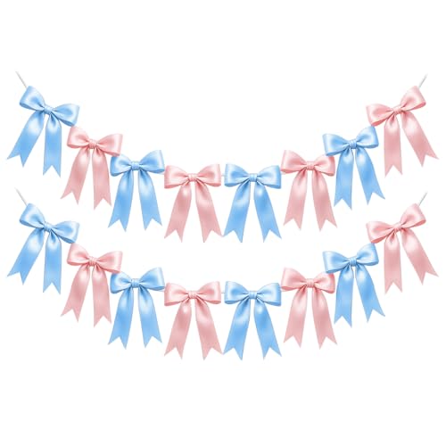 Baby Pink & Blue Bow Garland Banner - 16PCS Pre-Strung Decor