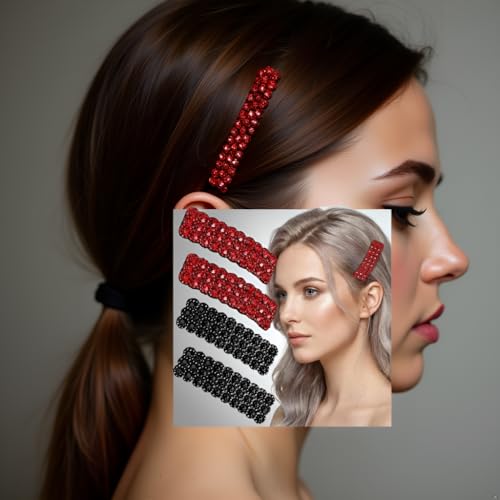 Black and Red Rhinestone Snap Hair Clips 4-Piece Crystal Barrettes