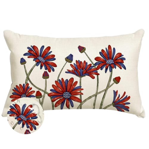 RABUSOFA Patriotic Daisy Throw Pillow Cover, 12x20 Waterproof Linen