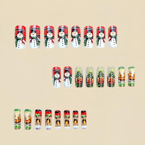 Christmas Press on Nails Medium Square Fake Nails Snowman Tree Design