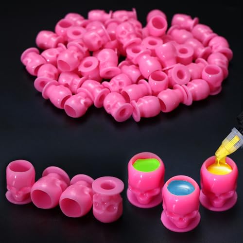 YILONG 50Pcs Pink Skull Tattoo Ink Caps with Stable Base