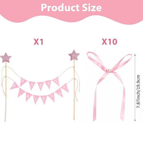 11-Piece Pink Bow Cake Toppers Set with Happy Birthday Flag