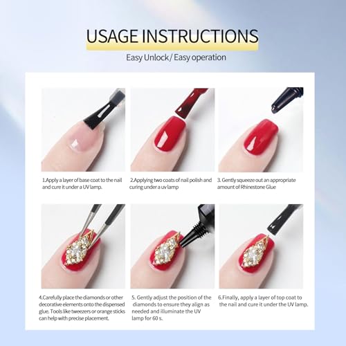 BEVINAS Rhinestone Glue Gel Kit for Nail Art Gems and Charms with Tools