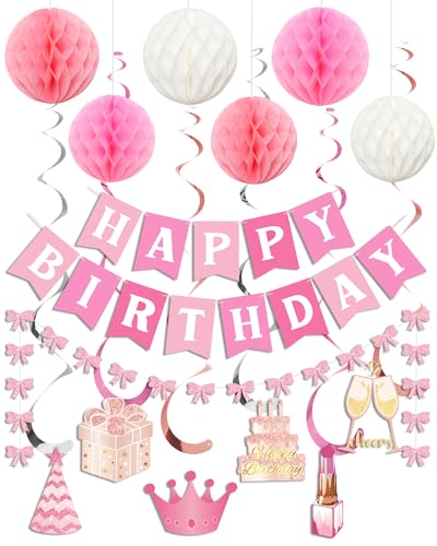 Ouddy Life Pink & White Birthday Decorations Set - Banner & Honeycomb Balls