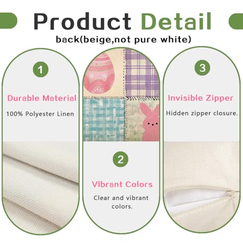 Easter Bunny Pillow Cover 18x18 Inch, Colorful Buffalo Plaid Linen Case
