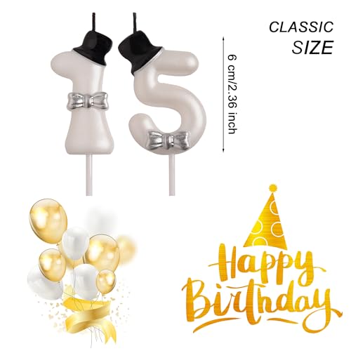 Number 15 Birthday Cake Candles - White Pearl Smokeless 2-Pack