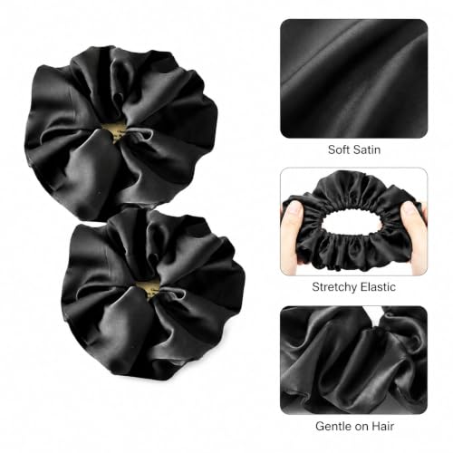 Utaly Jumbo Satin Silk Scrunchies 2 Set - Oversize Hair Ties for Thick Hair