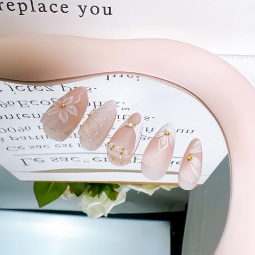 White French Tip Press on Nails Medium Almond with 3D Flowers