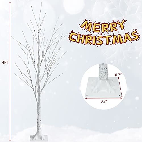 4ft Pre-Lit Christmas Tree with 48 Warm White LED Lights - Artificial White Twig Birch Tree
