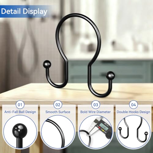 OEH Black Minimalist Double Shower Curtain Hooks - Rustproof Metal Rings, 12 Pcs