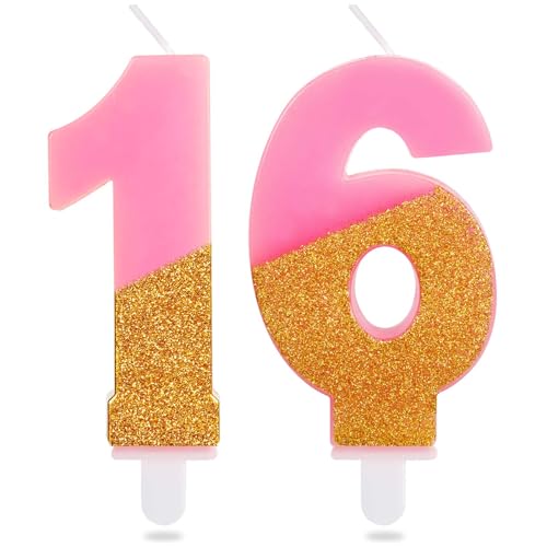 Pink Glitter 16th Birthday Candles - Number 16 Cake Topper