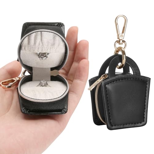 KUKUVR Travel Jewelry Ring Holder Box with Keychain - Black