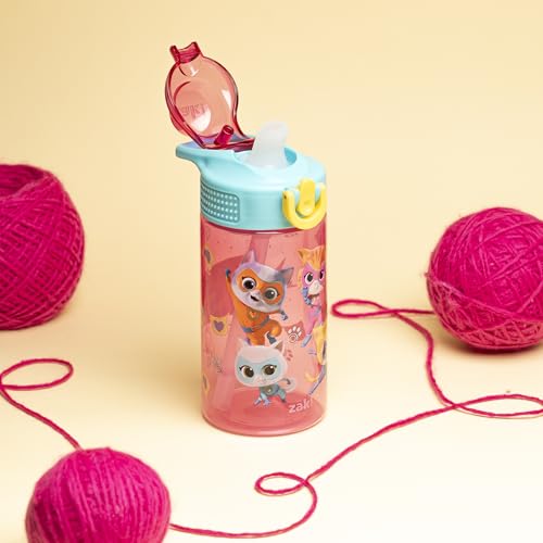 Zak Designs SuperKitties 16oz Kids Water Bottle, Leak-Proof Straw Cup