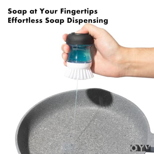 OYV Soap Dispensing Palm Brush - Durable Dish Scrub Brush, Black/Clear/White
