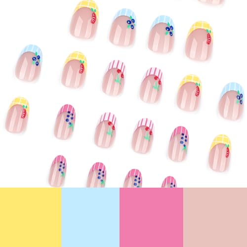 Short Almond Press on Nails with Fruit Designs French Tip Fake Nails