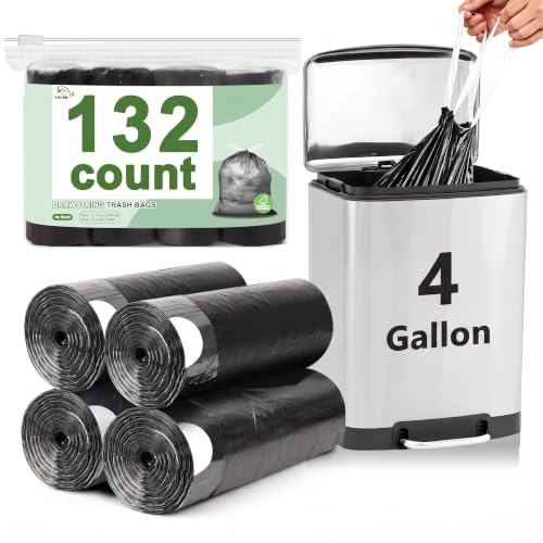 4 Gallon Drawstring Trash Bags, Black - 132 Count (4 GAL-132)