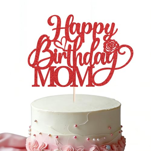 Red Glitter Happy Birthday Mom Cake Topper - Mother's Day Decor