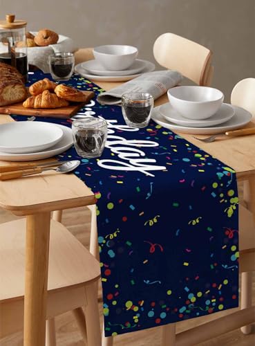 Navy Blue Happy Birthday Table Runner 13 x 36 Inches Polka Dot Celebration Decor