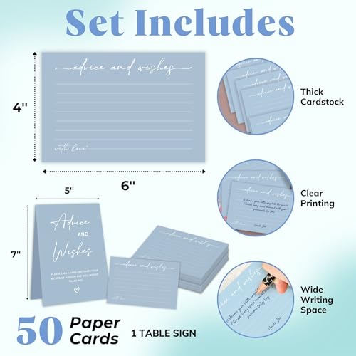 WOODAMORE Blue Advice and Wishes Cards - 50 Pack 4x6 for Wedding & Baby Shower