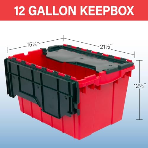 Stackable Plastic Storage Totes with Hinged Lids - 12 Gallon, Red/Green, 1-Pack