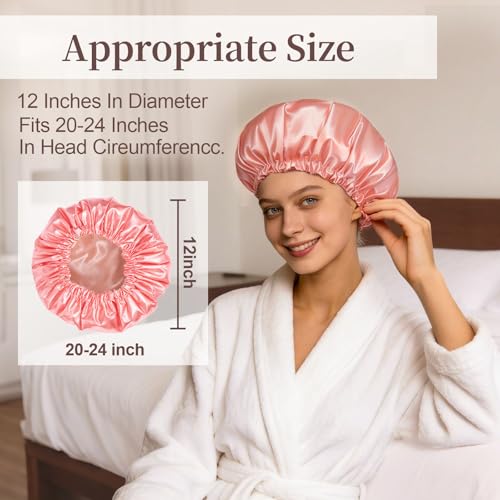 Confvrter Satin Lined Shower Cap Waterproof for Curly Hair Peach Pink