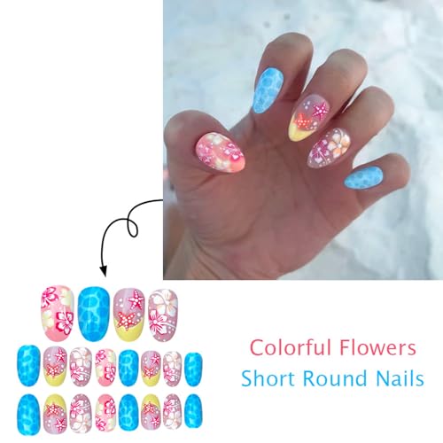 Short Oval Press on Nails Summer Beach Blue Sea Starfish Flowers Design