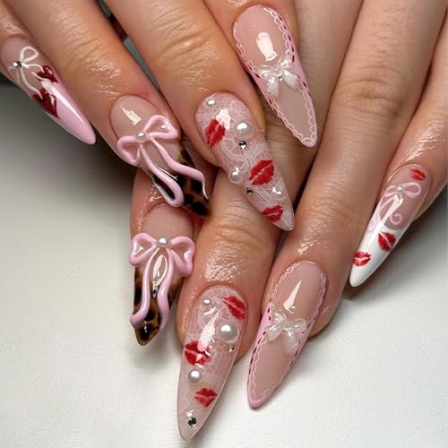 Valentine Press on Nails Long Almond Heart False Nails 24 Pcs