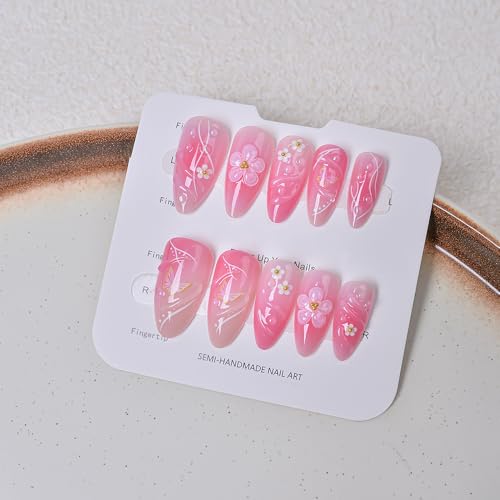 TEEKME Almond Press on Nails Pink Butterfly & Floral 3D Gold Details TK-031