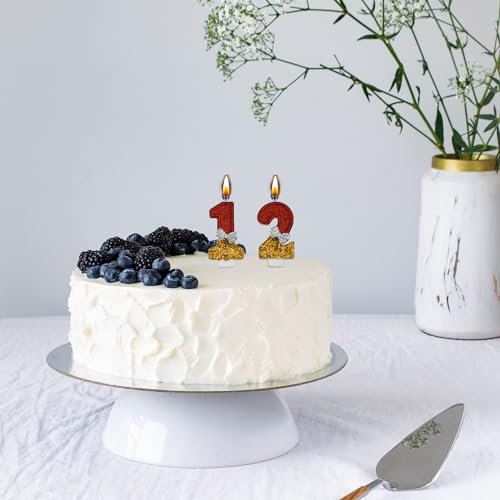 12th Birthday Candles Set - Smokeless Red & Gold Glitter Cake Toppers