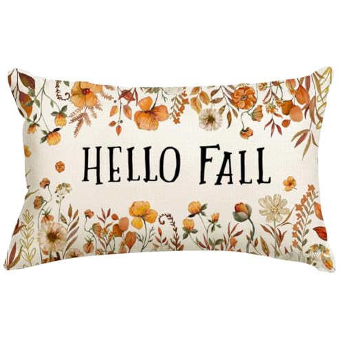 Hello Fall Lumbar Pillow Cover 12x20, Floral Pumpkin Autumn Decor