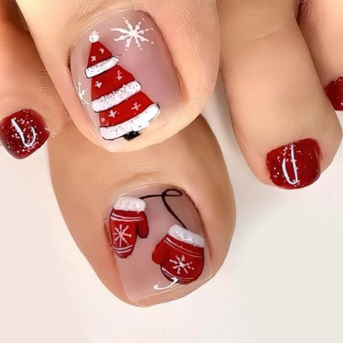 Christmas Press-On Short Square Toenails with Snowflake Design - 24Pcs