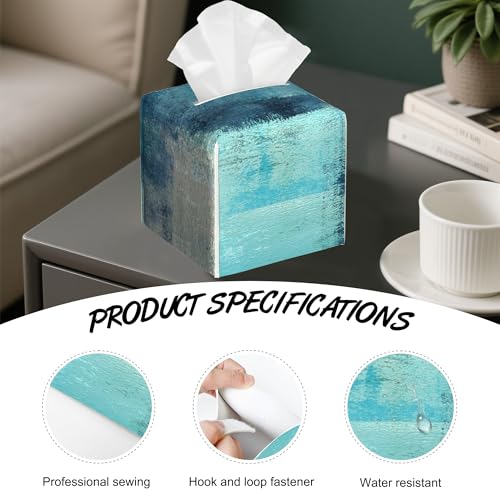 PU Leather Square Tissue Box Cover - Abstract Turquoise Grey Design