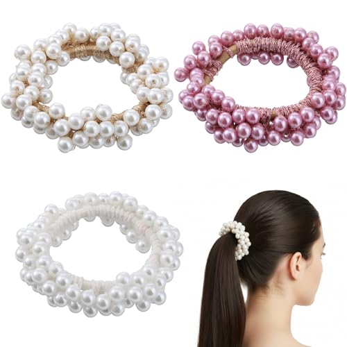 Xindojuz 3 Pack Pearl Scrunchies Beaded Hair Ties Ponytail Holder