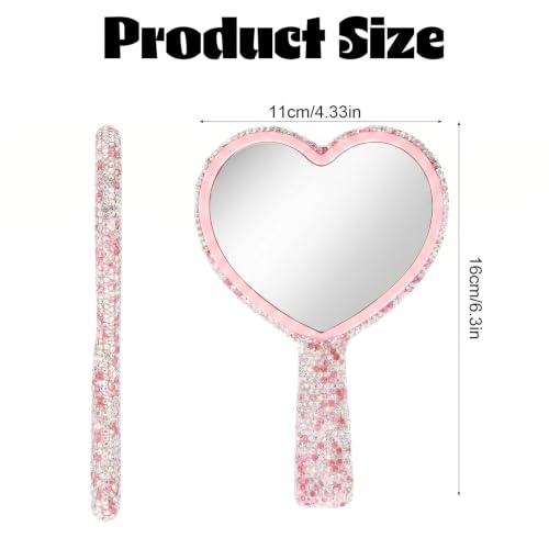 Pink Heart Handheld Mirror with Handle - Glitter Rhinestones, 6.3x4.3 Inch Portable Makeup & Lash Mirror for Women & Weddings