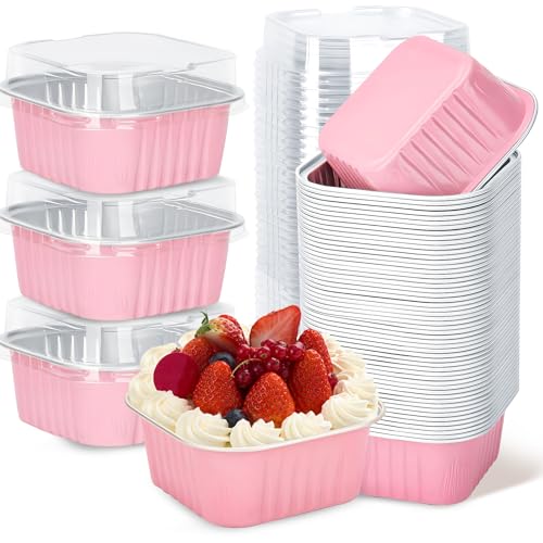 Pink Mini Cake Pans with Lids 30 Pack - 5oz Aluminum Dessert Containers